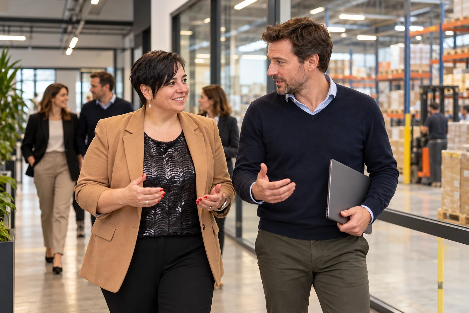 An Vermeulen wandelt in gesprek met een ondernemer langs een bedrijfsruimte.