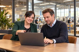 An Vermeulen overlegt met een ondernemer bij een laptop in een bedrijfsomgeving.
