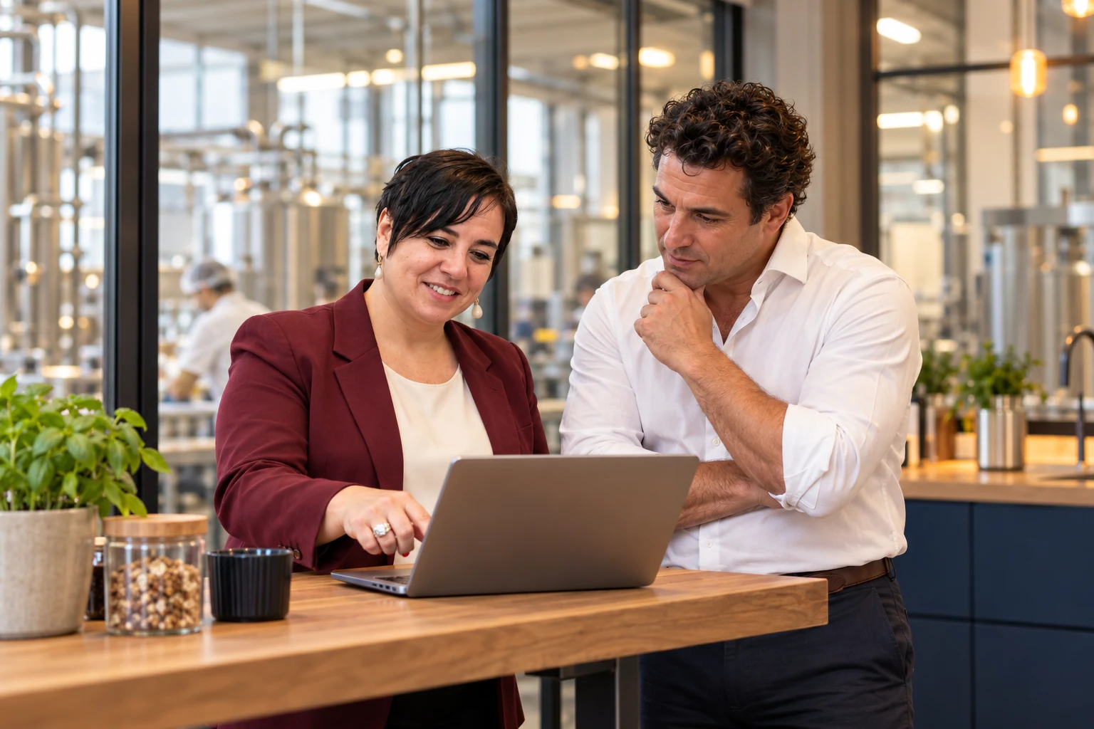 An Vermeulen bespreekt een laptop met een ondernemer in een productieomgeving.
