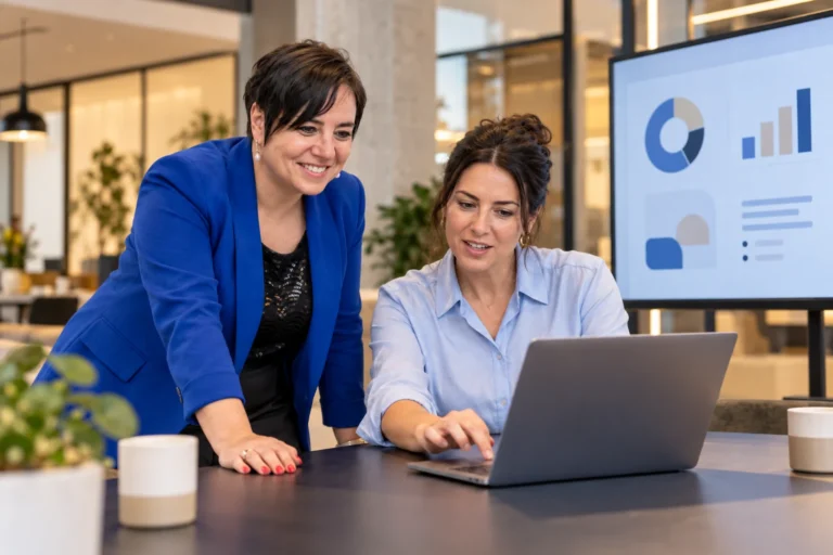An Vermeulen overlegt met een onderneemster bij een laptop.