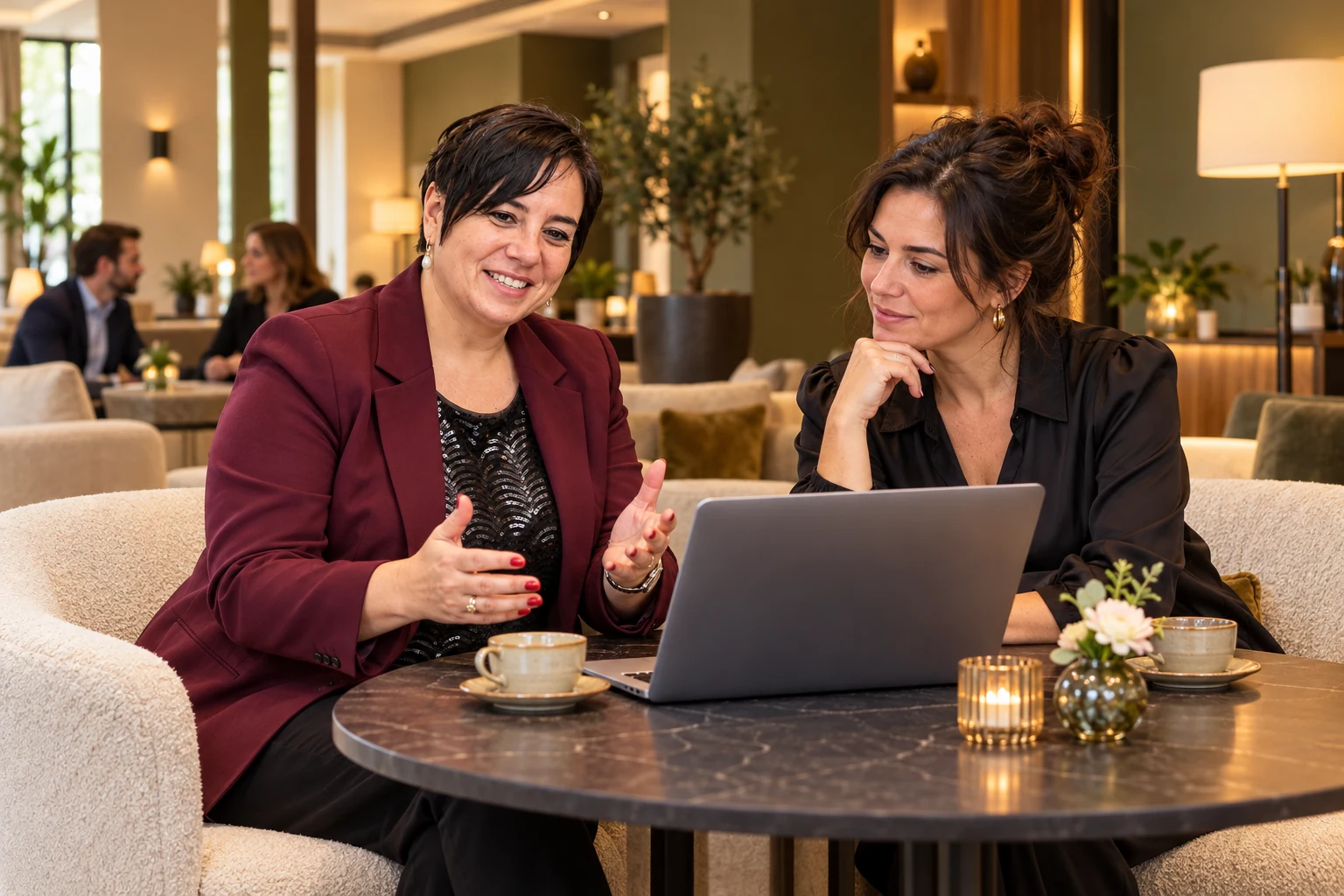 An Vermeulen bespreekt een zakelijke keuze met een onderneemster aan een laptop.