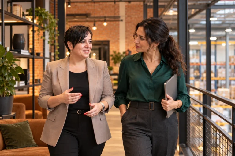 An Vermeulen wandelt in gesprek met een onderneemster door een bedrijfsruimte.
