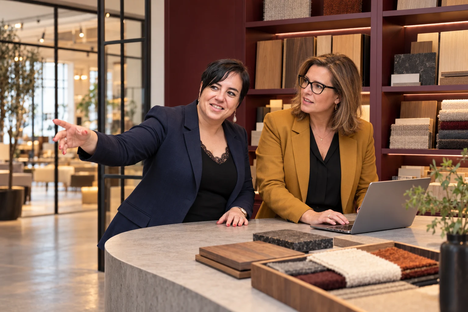An Vermeulen bespreekt een praktische stap met een onderneemster in een materialenstudio.