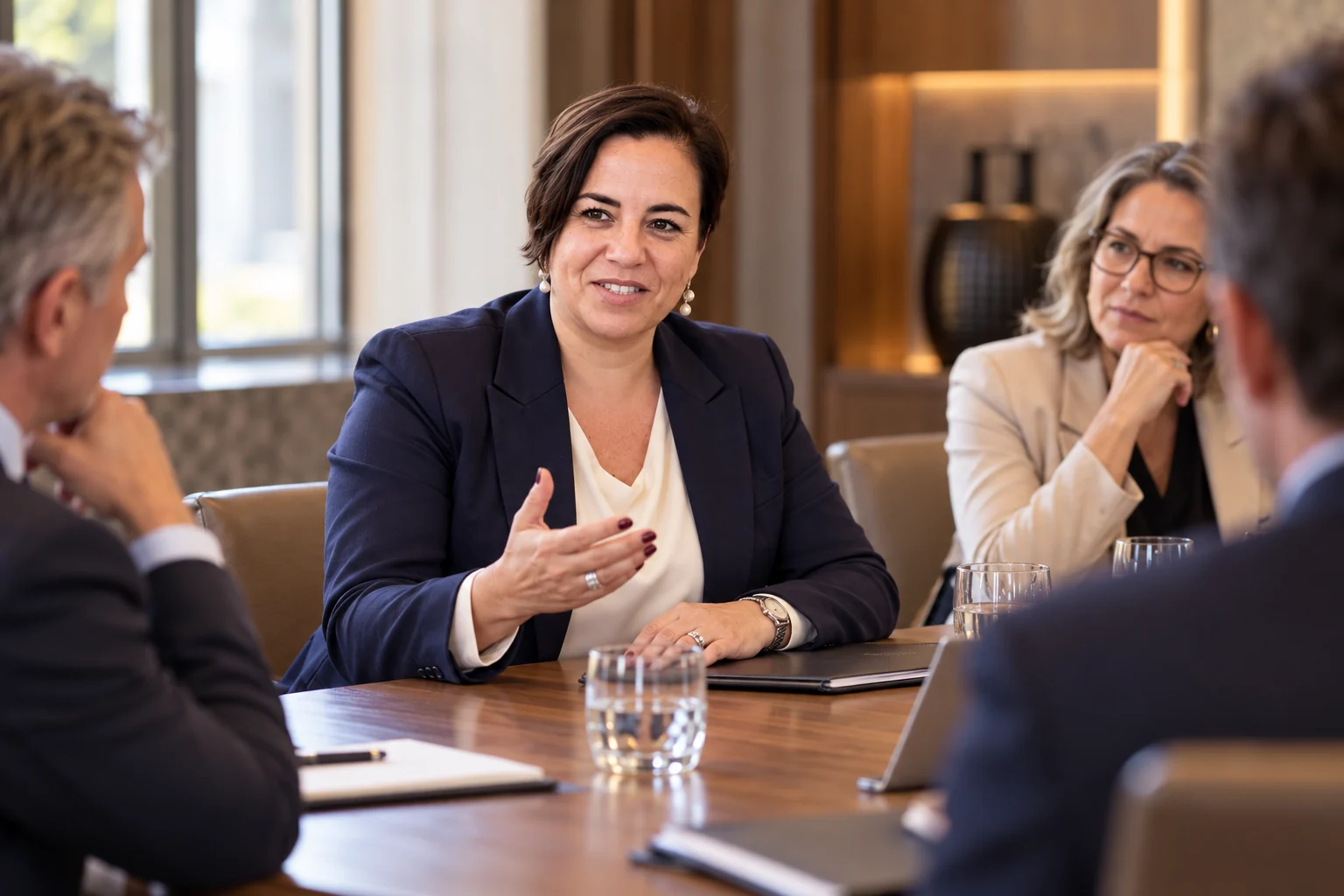 An Vermeulen licht een punt toe aan drie gesprekspartners rond een vergadertafel.