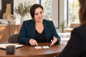 An Vermeulen in een petrolkleurige blazer bespreekt twee blanco kaarten aan een ronde tafel.