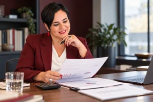 An Vermeulen in een bordeauxrode blazer bestudeert een financieel document naast een laptop en rekenmachine.
