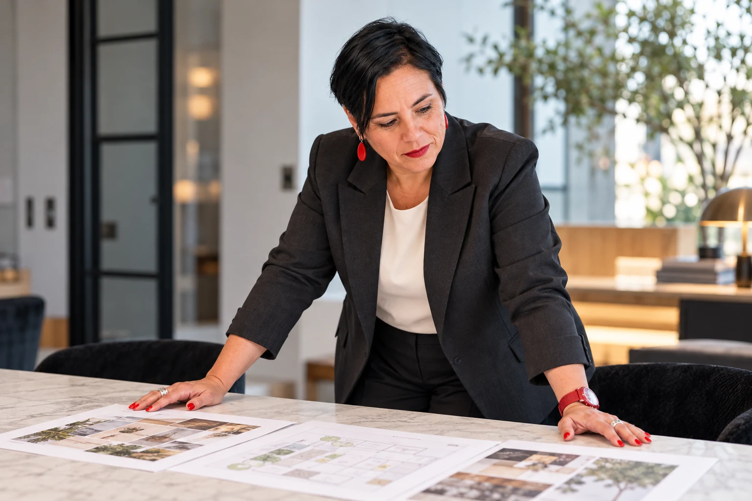 An Vermeulen in een zwarte blazer en witte blouse bestudeert documenten op een brede tafel.