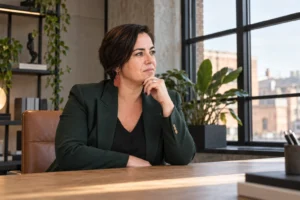 An Vermeulen in een donkergroene blazer kijkt aan een bureau bedachtzaam uit het raam.