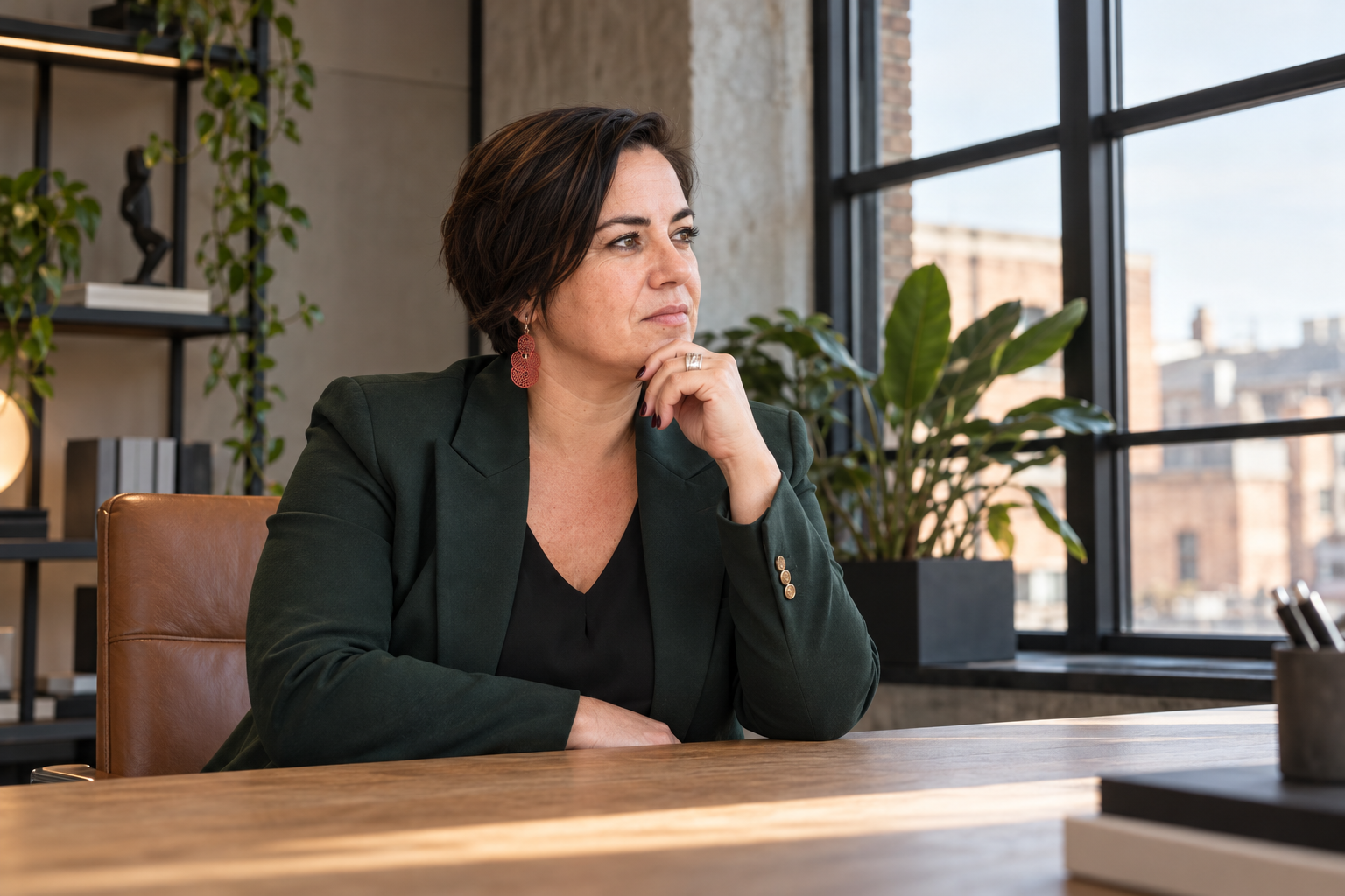 An Vermeulen in een donkergroene blazer kijkt aan een bureau bedachtzaam uit het raam.