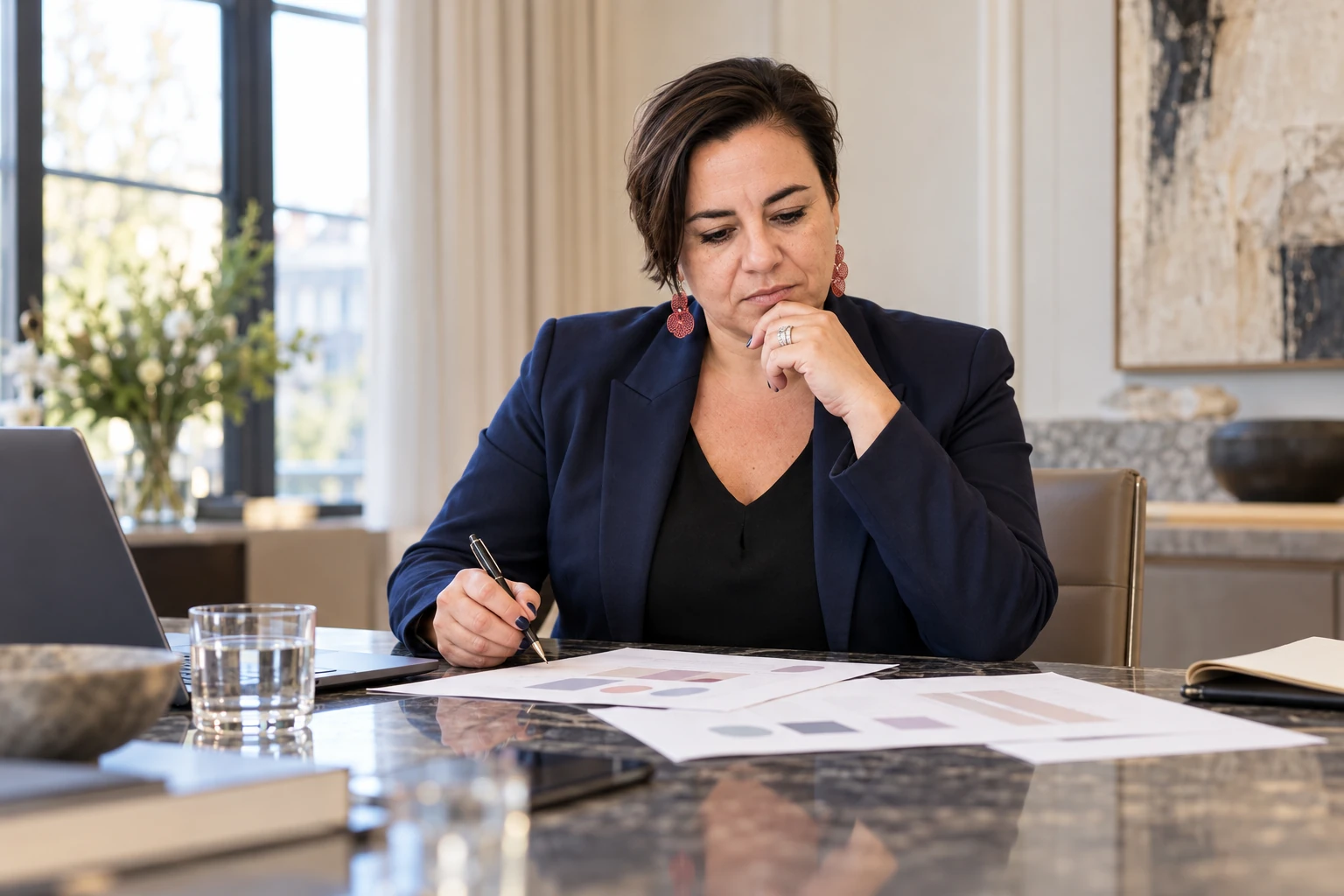 An Vermeulen bestudeert financiële analysebladen aan een tafel.
