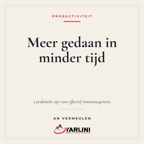 Cover eBook 5 praktische tips voor effectief timemanagement van An Vermeulen, Yarlini timemanagement tips