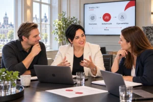 An Vermeulen in een ivoorkleurige blazer bespreekt gezamenlijke prioriteiten met twee managers aan een tafel met laptops. Op het scherm staan prioriteiten, besluitkracht en eigenaarschap.