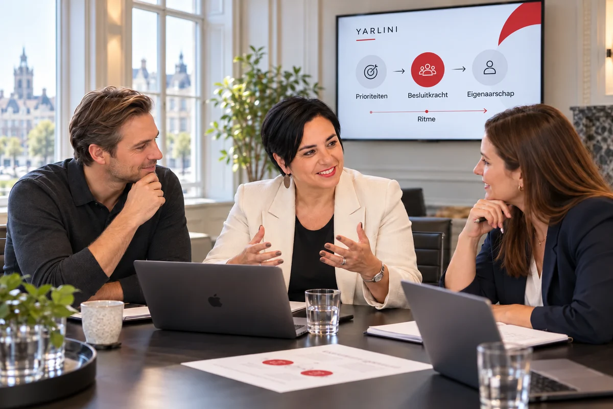 An Vermeulen in een ivoorkleurige blazer bespreekt gezamenlijke prioriteiten met twee managers aan een tafel met laptops. Op het scherm staan prioriteiten, besluitkracht en eigenaarschap.