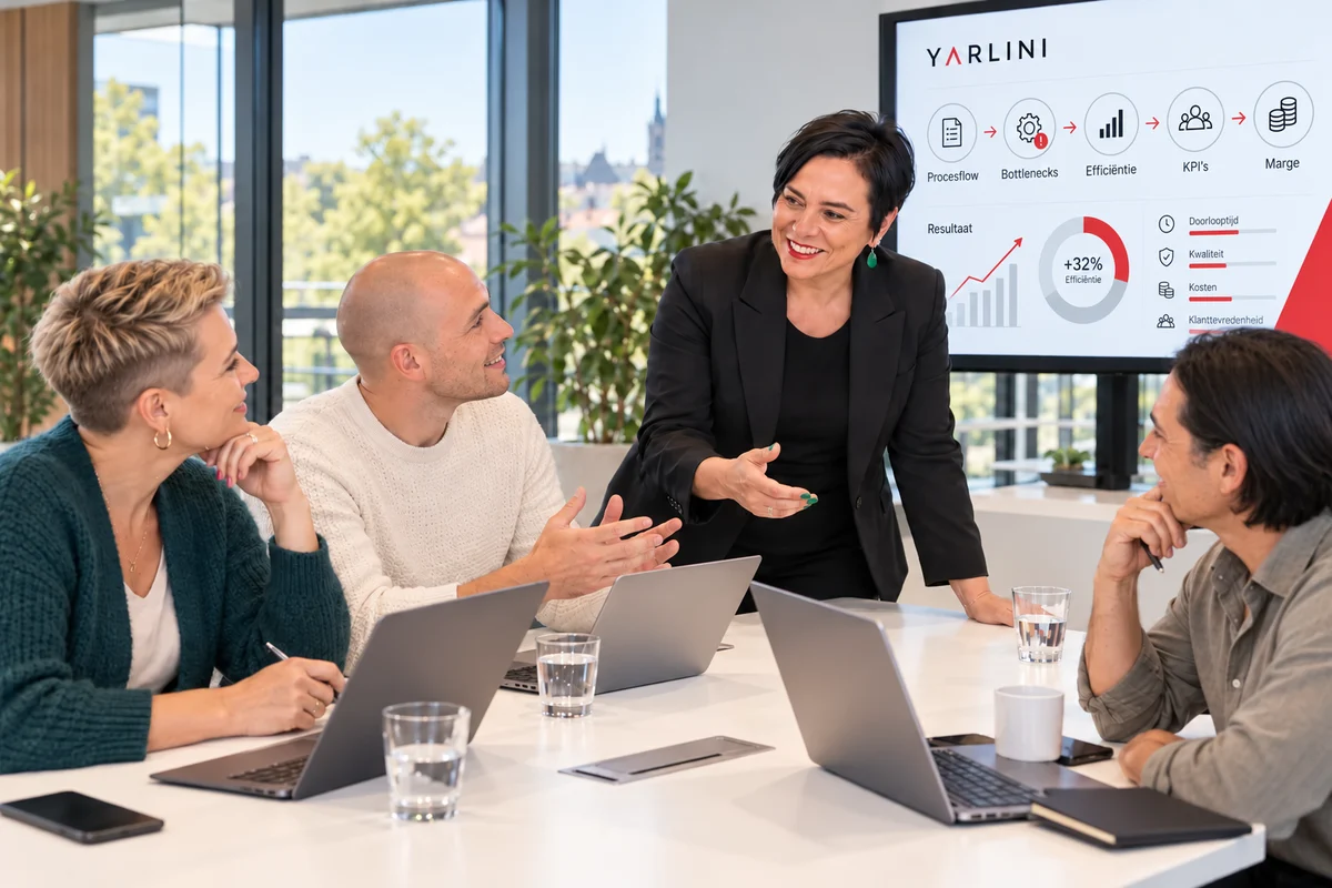 An Vermeulen in een zwarte blazer bespreekt procesoptimalisatie met drie ondernemers aan een tafel met laptops. Op het scherm staat een strategische procesflow met efficiëntie en marge.